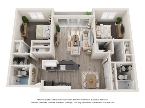 Floor plan for 2 beds, 2 baths, 990 sqft
